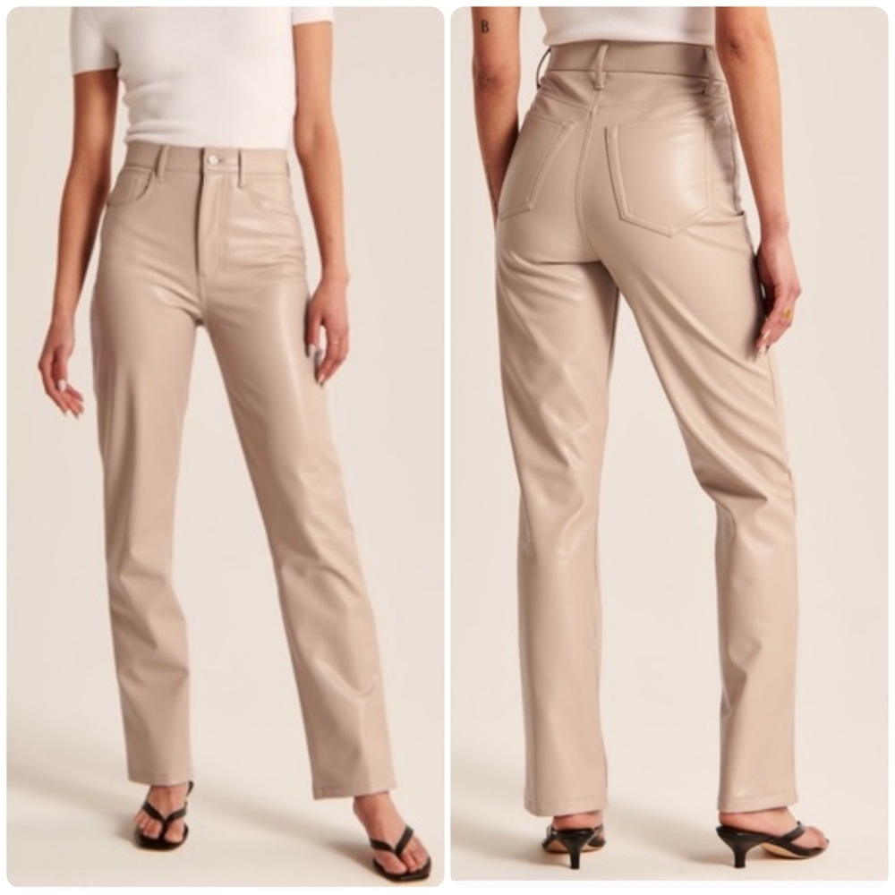 Abercrombie & Fitch 90s Vegan Leather Straight High Rise Pant Light Taupe